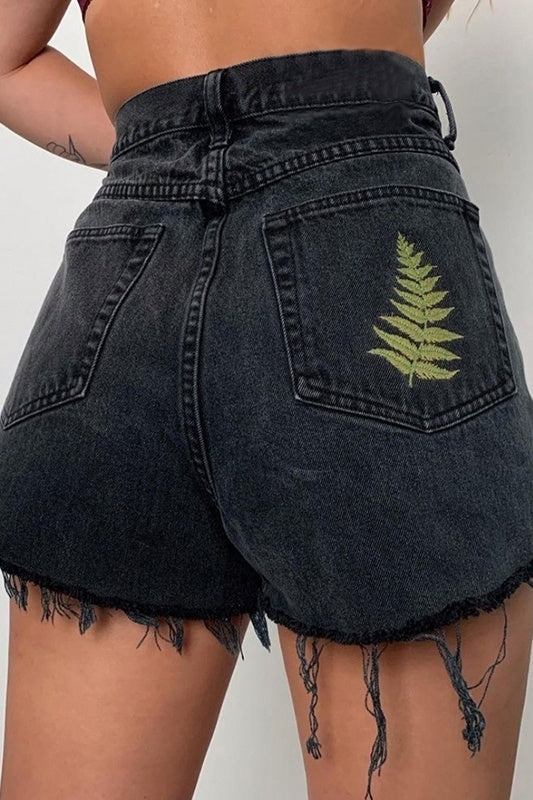 Women's retro black embroidered fringed denim shorts