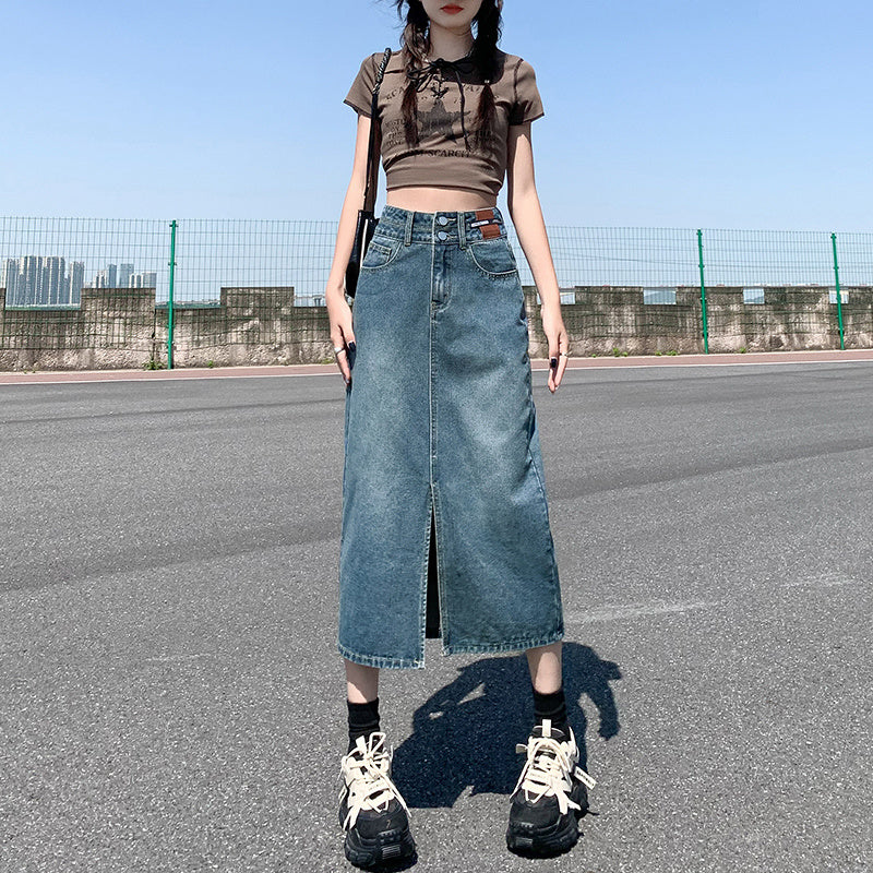 High Waisted Split Denim Skirt