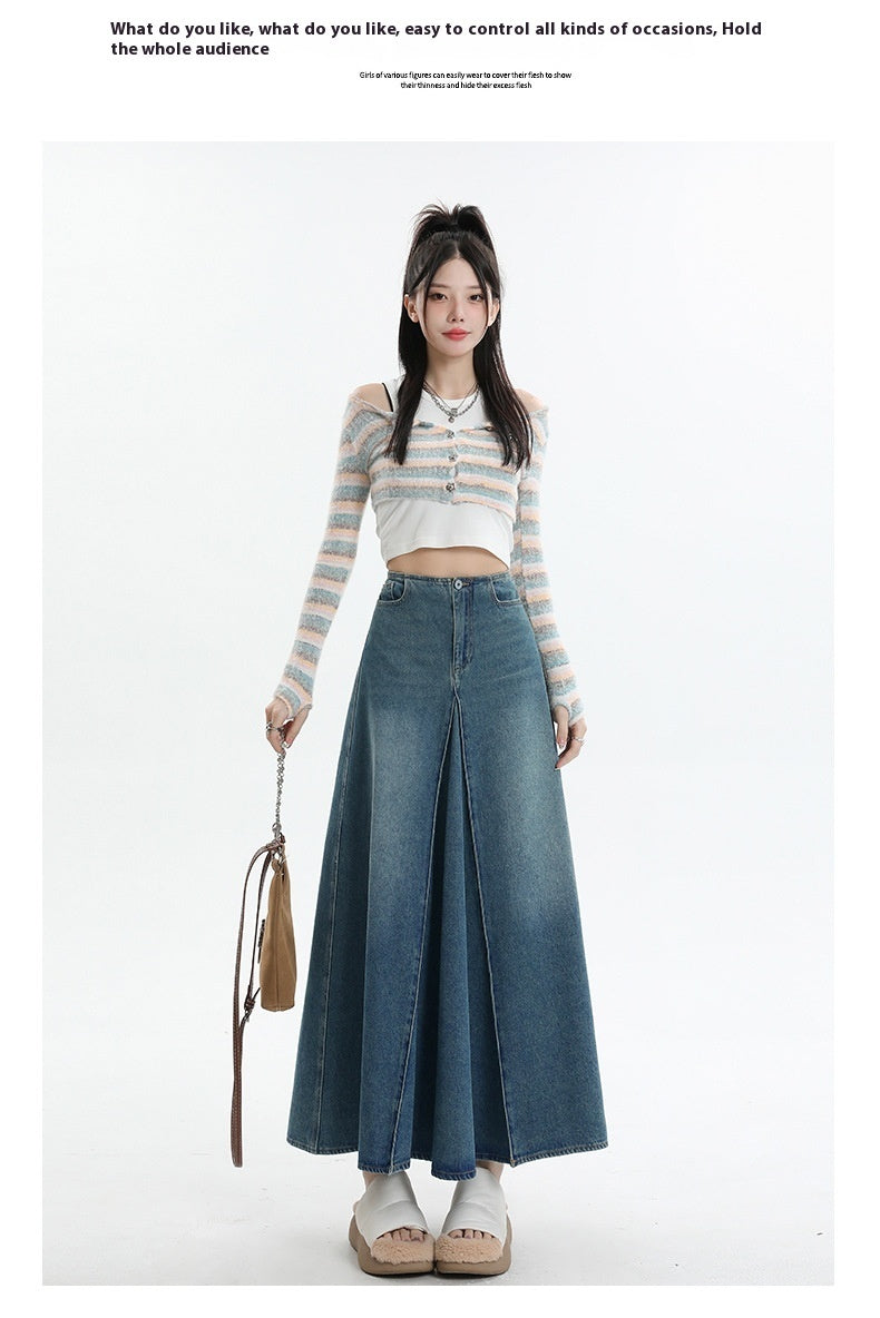 American Style Retro Big Swing Denim Spring New High Waist A- Line Slimming Mid-length Skirt