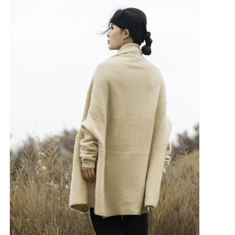 Lapel Drop Shoulder 100 Pure Wool Cardigan Coat Mid-length Autumn And Winter Thickened Heavy Knitted Cape Sweater