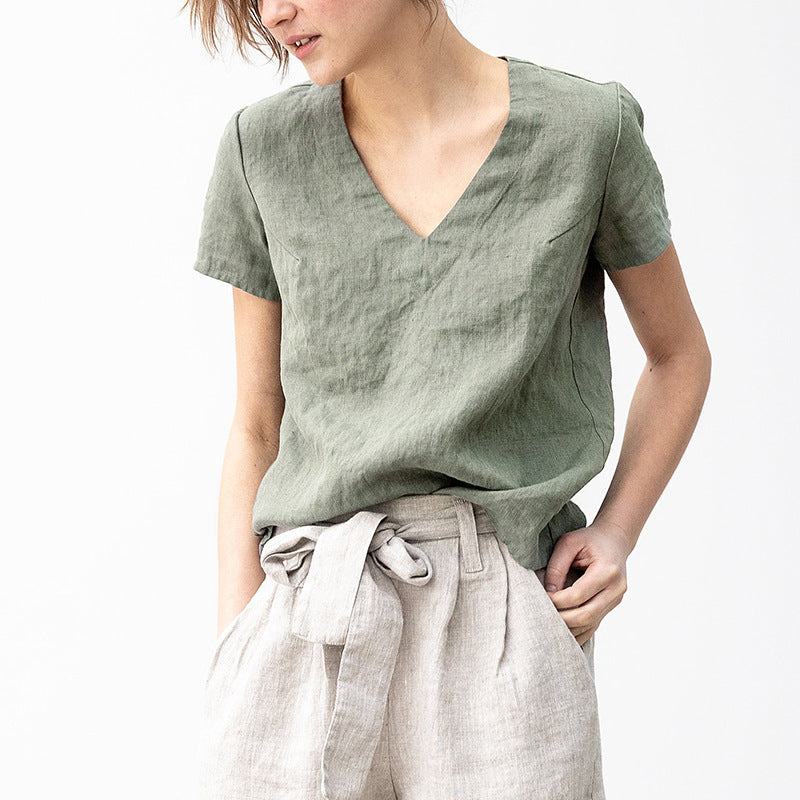 Women's V-neck pure linen solid color simple T-shirt