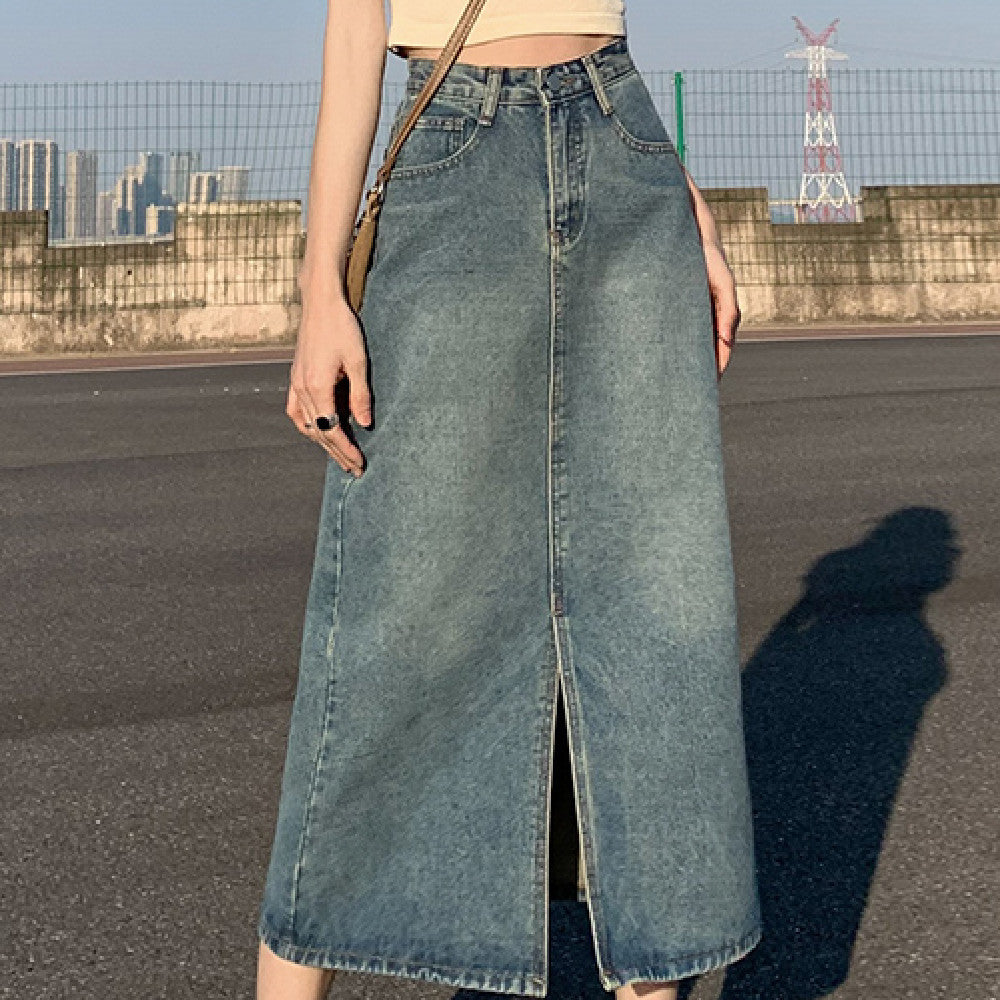 High Waisted Split Denim Skirt