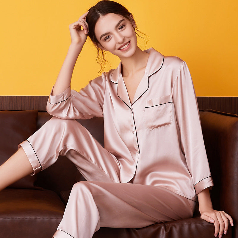 Women's Silk Pajamas Summer Long-sleeve Two-piece Set Mulberry Silk Couple Home Wear