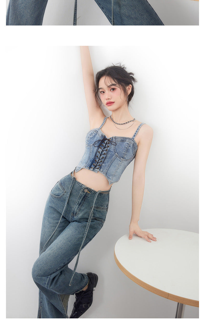 Women's lace up slim fit short denim vest