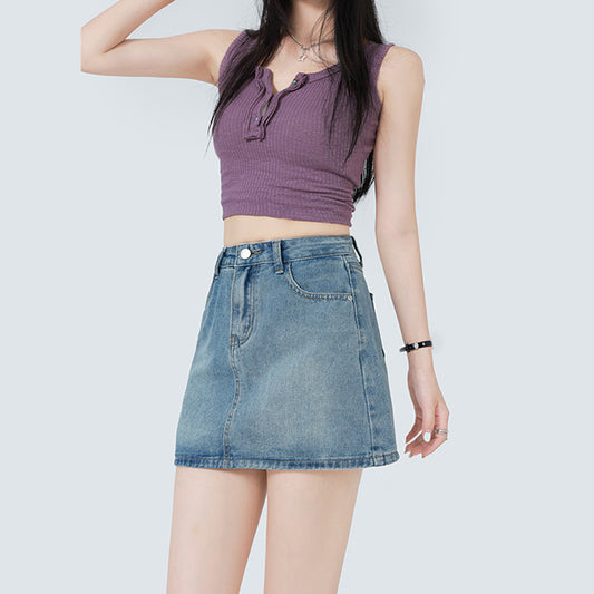 Summer Denim Skirt Lining High Waist A- Line Skirt