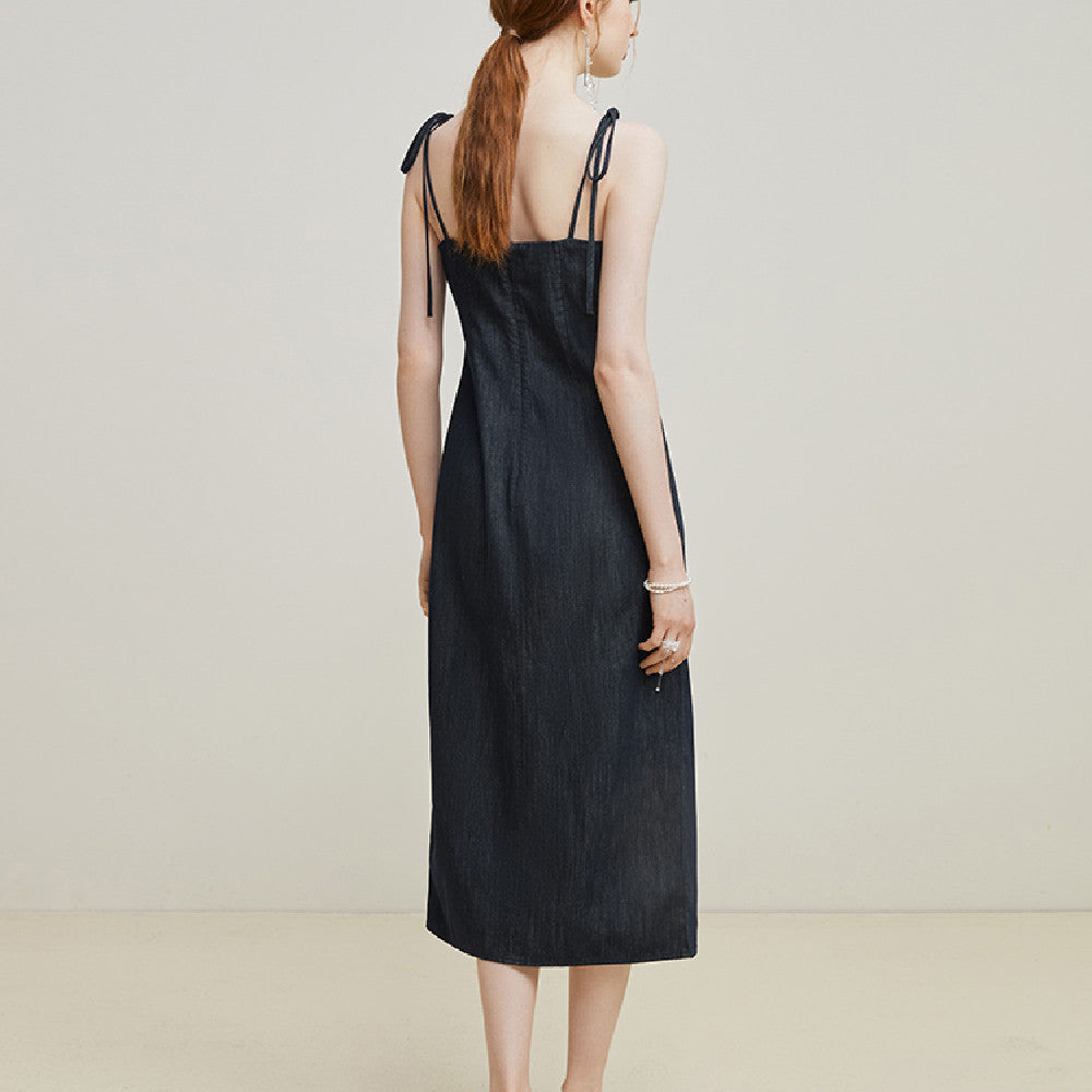 Lazy Style Denim Strap Dress With Slit Hem