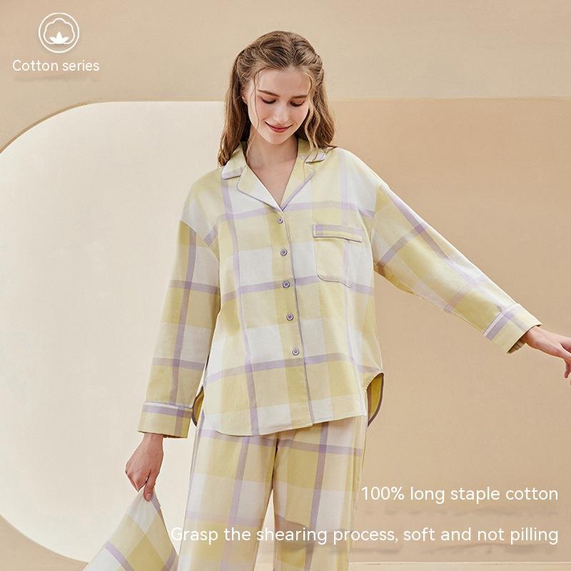 Double-sided Brushed Woven Large Plaid Pajamas Cotton Pajamas Cotton Ladies Home Leisure Suit