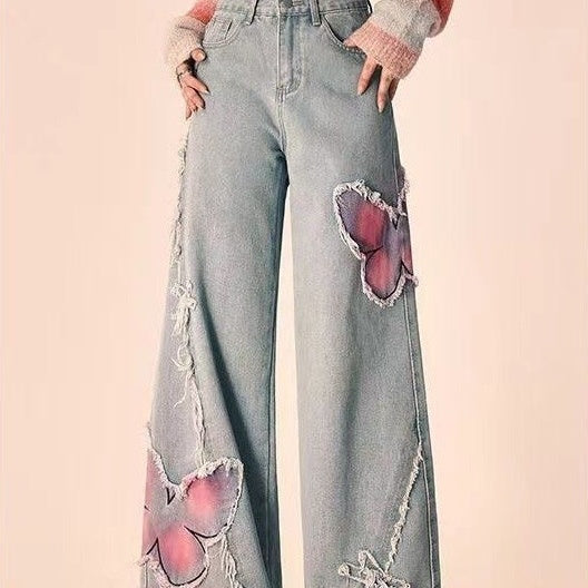 Tie-dyed Butterfly Slightly Spicy Jeans High Waist Slimming