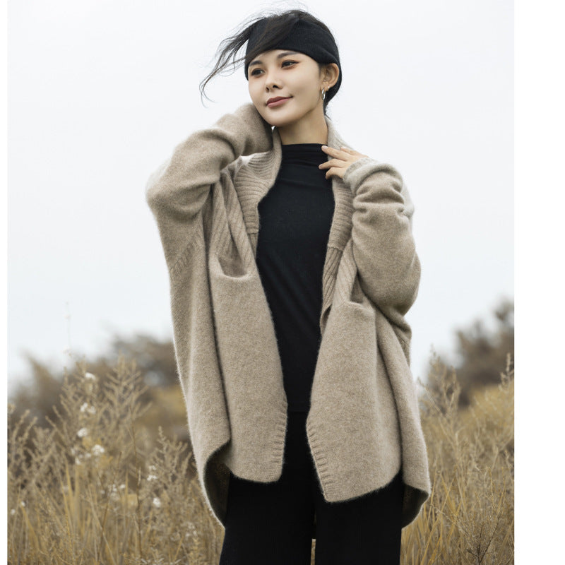 Lapel Drop Shoulder 100 Pure Wool Cardigan Coat Mid-length Autumn And Winter Thickened Heavy Knitted Cape Sweater