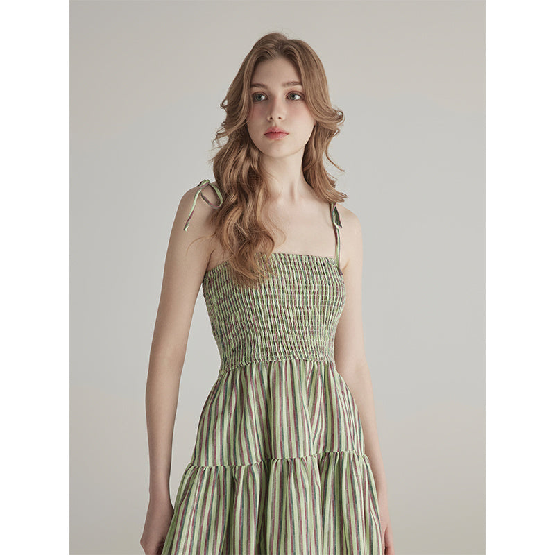 Women's Summer French Striped Sleeveless Green Suspenders Dress