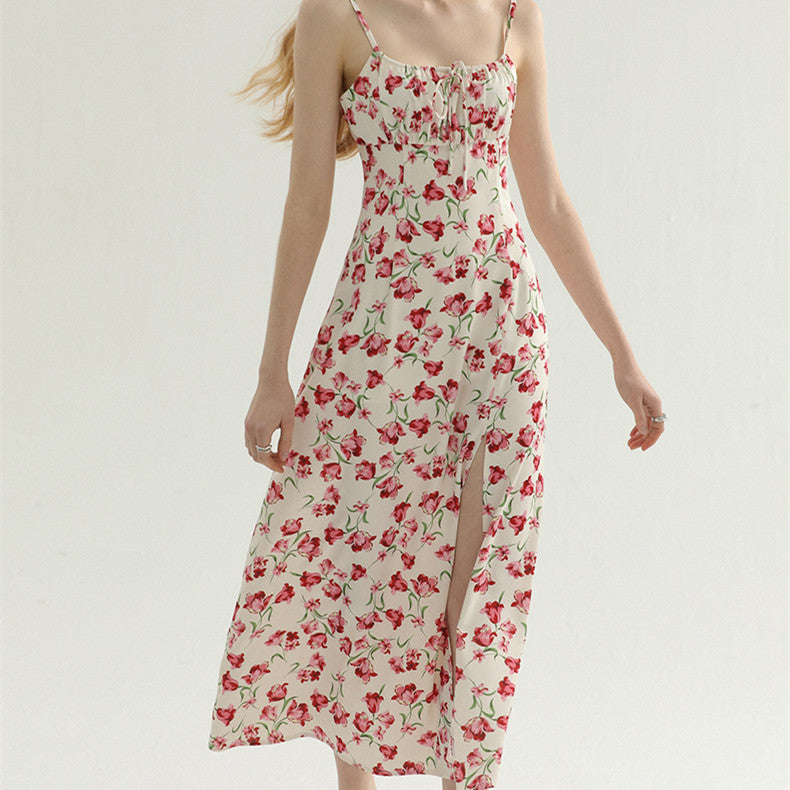 French vintage floral suspender slit dress