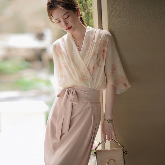 Summer New Ladies Temperament Chiffon Floral Shirt Skirt Two-piece Suit