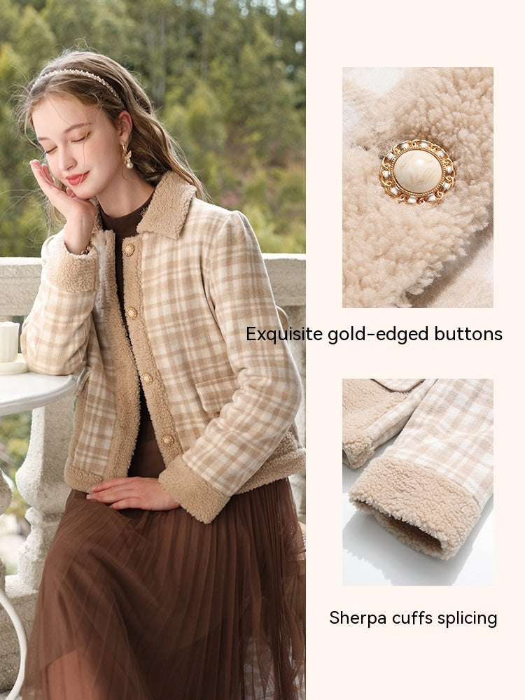 Women's checkered lamb cashmere patchwork cotton jacket