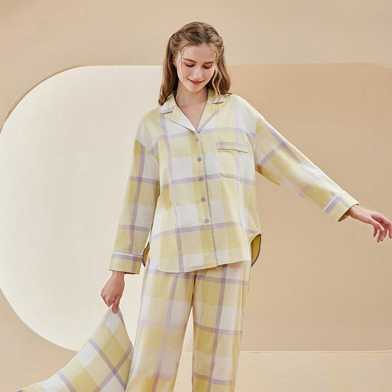 Double-sided Brushed Woven Large Plaid Pajamas Cotton Pajamas Cotton Ladies Home Leisure Suit