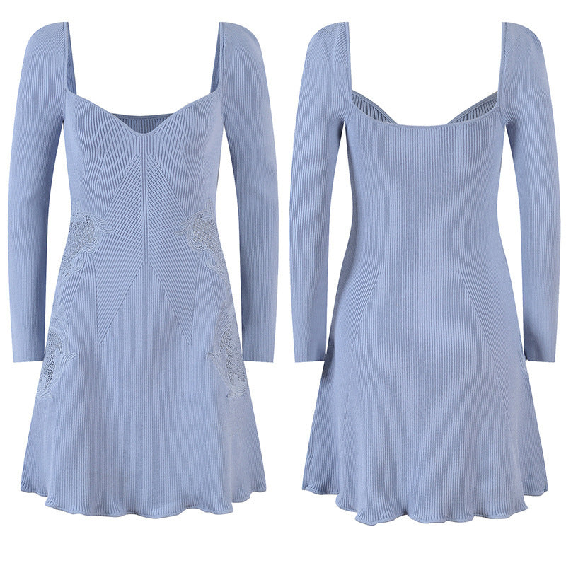 Mist Blue Lace Hollow Out Square-neck Cinched Slimming Embroidered Short French Dress