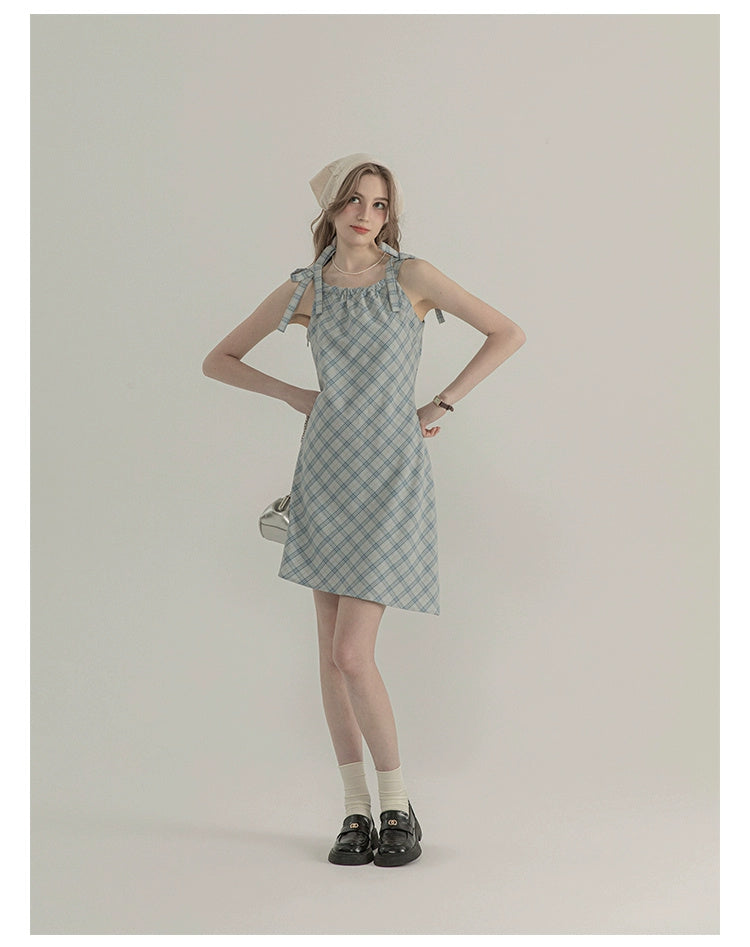 Plaid Sleeveless Strap Design Dress For Women Summer Elegant Figure Flattering