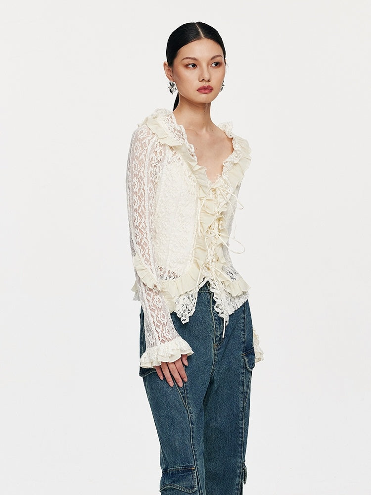 Lace tie paired with mushroom edged long sleeved pullover