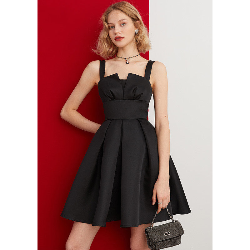 Women's minimalist French Hepburn style suspender black dress