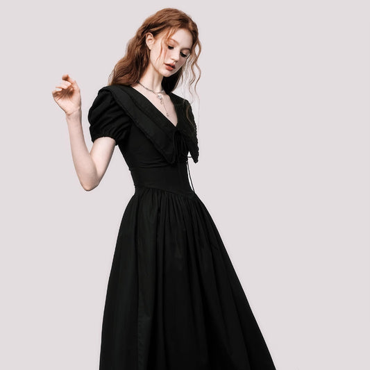 French Gentle V-neck Puff Sleeve Black Dress