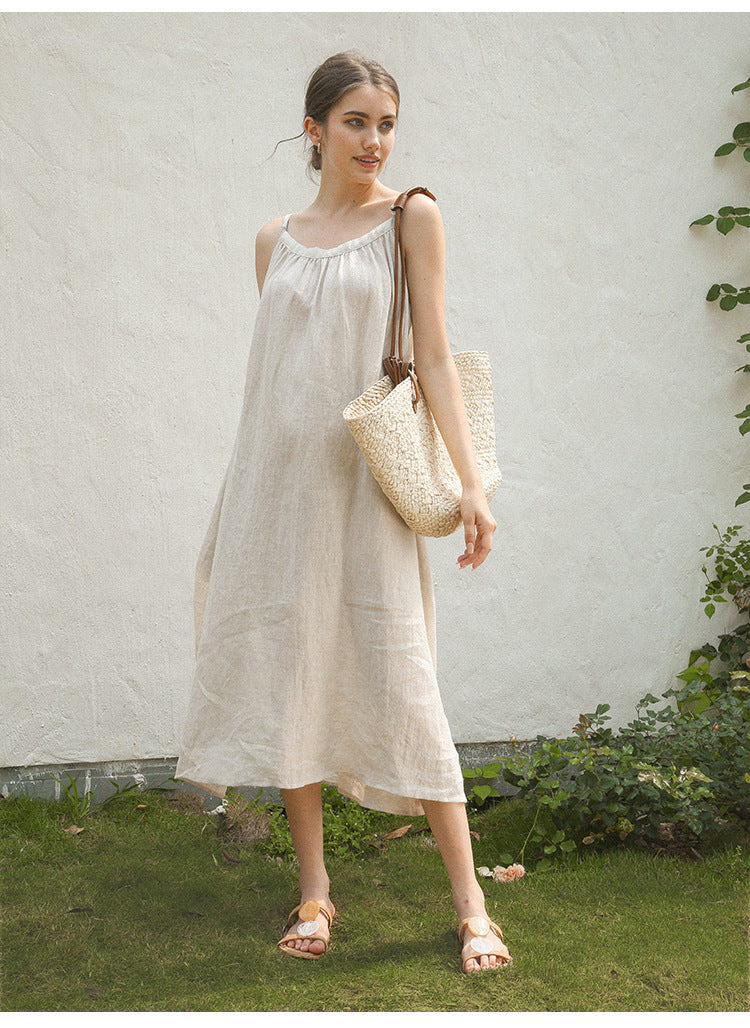 Linen Suspender Skirt Niche Design Cotton Linen Vacation Style Mid-length Dress Home Nightdress