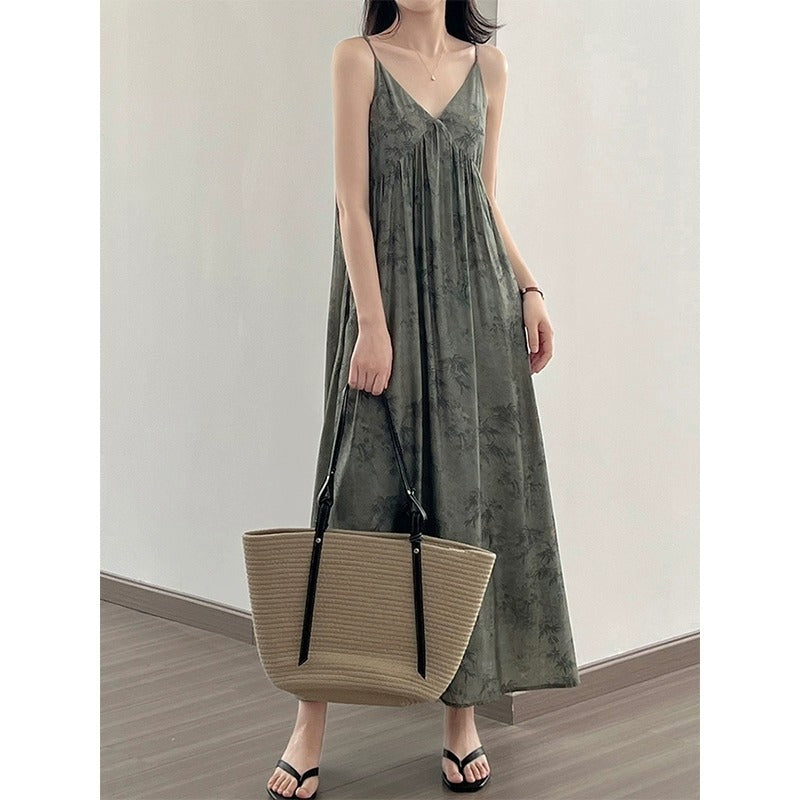 Ink Painting Printing Slip Dress Women's Summer Retro Loose