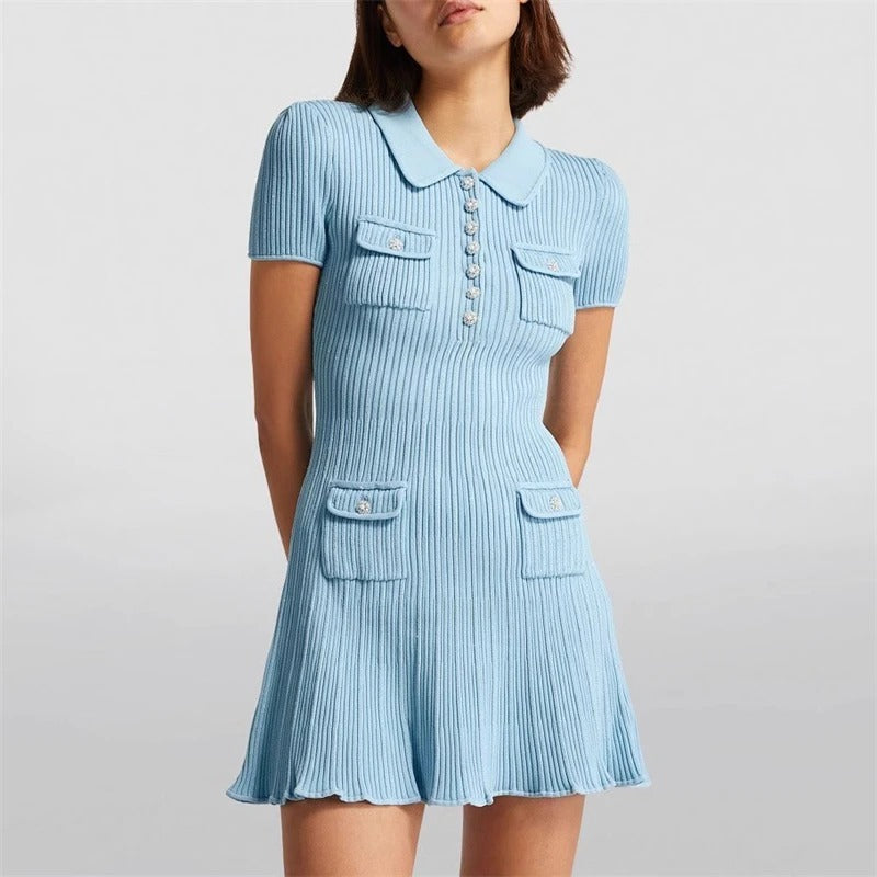 Women's Spring And Summer Lapel Short Sleeve Knitted Dress