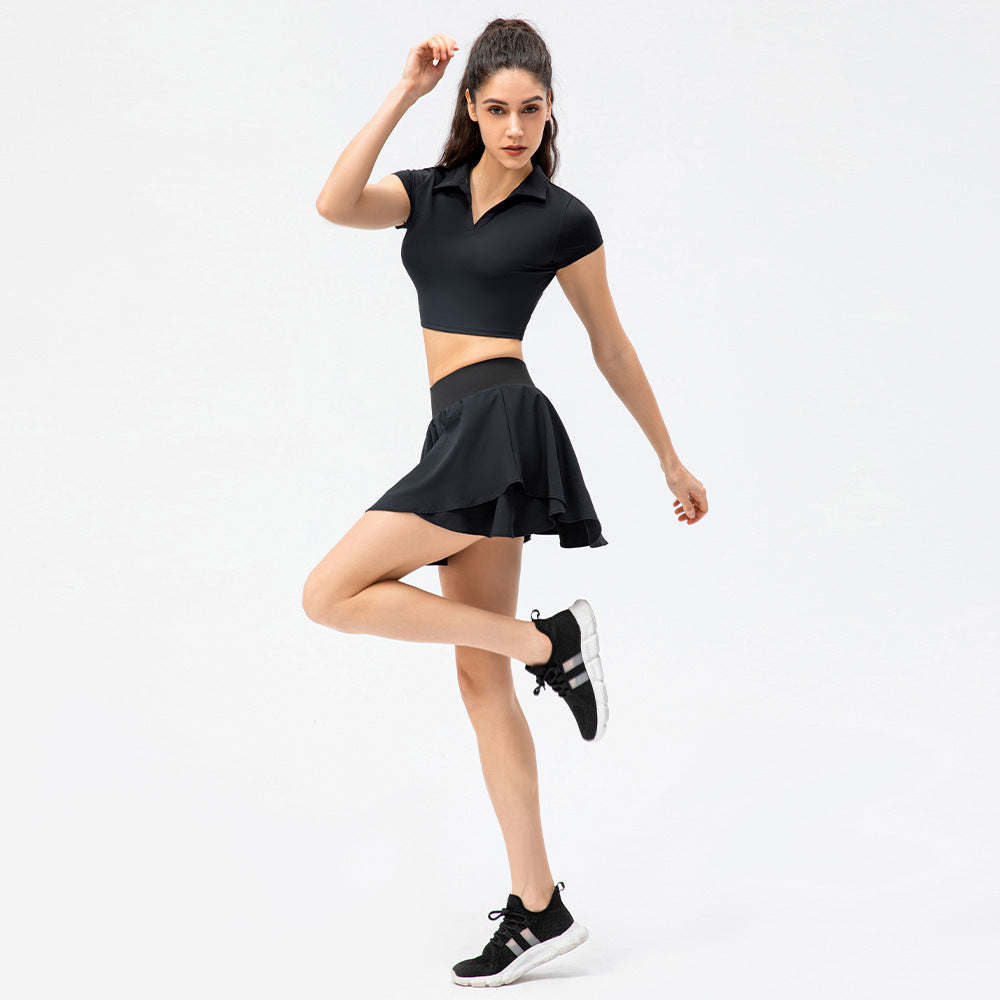 Skin-friendly Sports Short-sleeved Top Loose Running Skirt Fake Two-piece Set