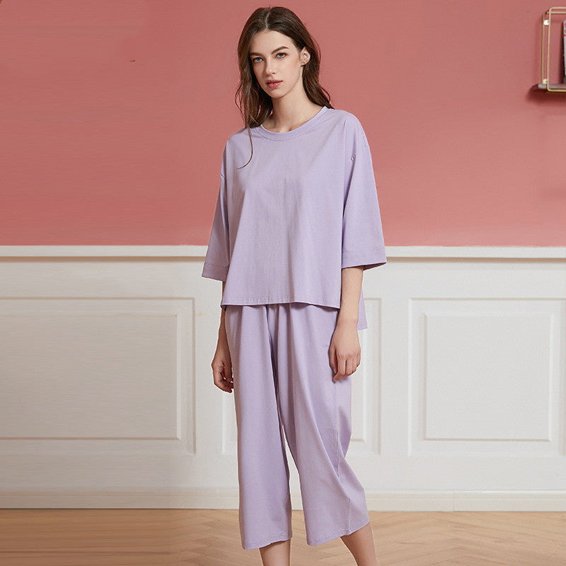 Women's Solid Color Casual Medium Long Trousers Knitted Cotton Pajamas Suit