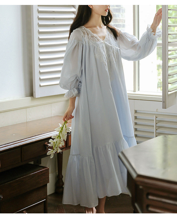 Women's Morning Gowns Spring And Autumn Cotton Long-sleeved Lace Pajamas Dress