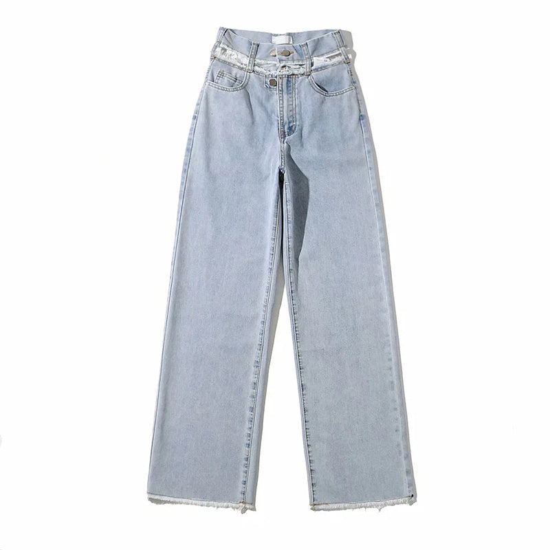 Straight Tide Hollow Drape Raw Edge Denim Casual Mopping Long Pants