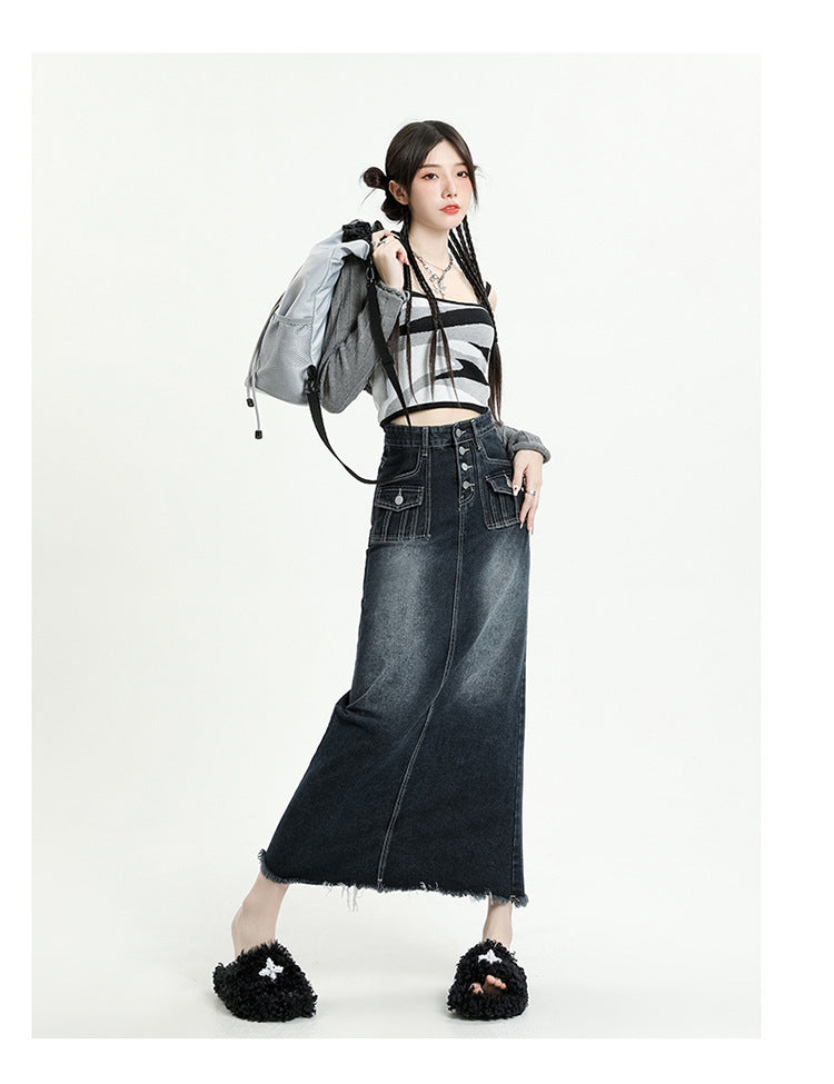 Women's Fur Edge Retro Denim Skirt