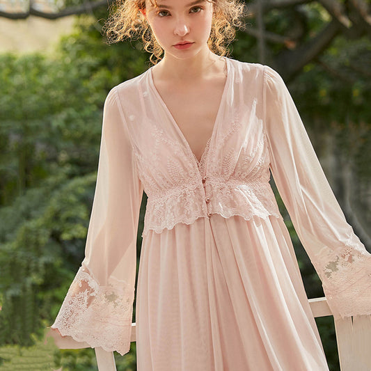 Lace Mesh Embroidered Overcoat Comfortable Cotton Sling Two-Piece Homewear Nightdress