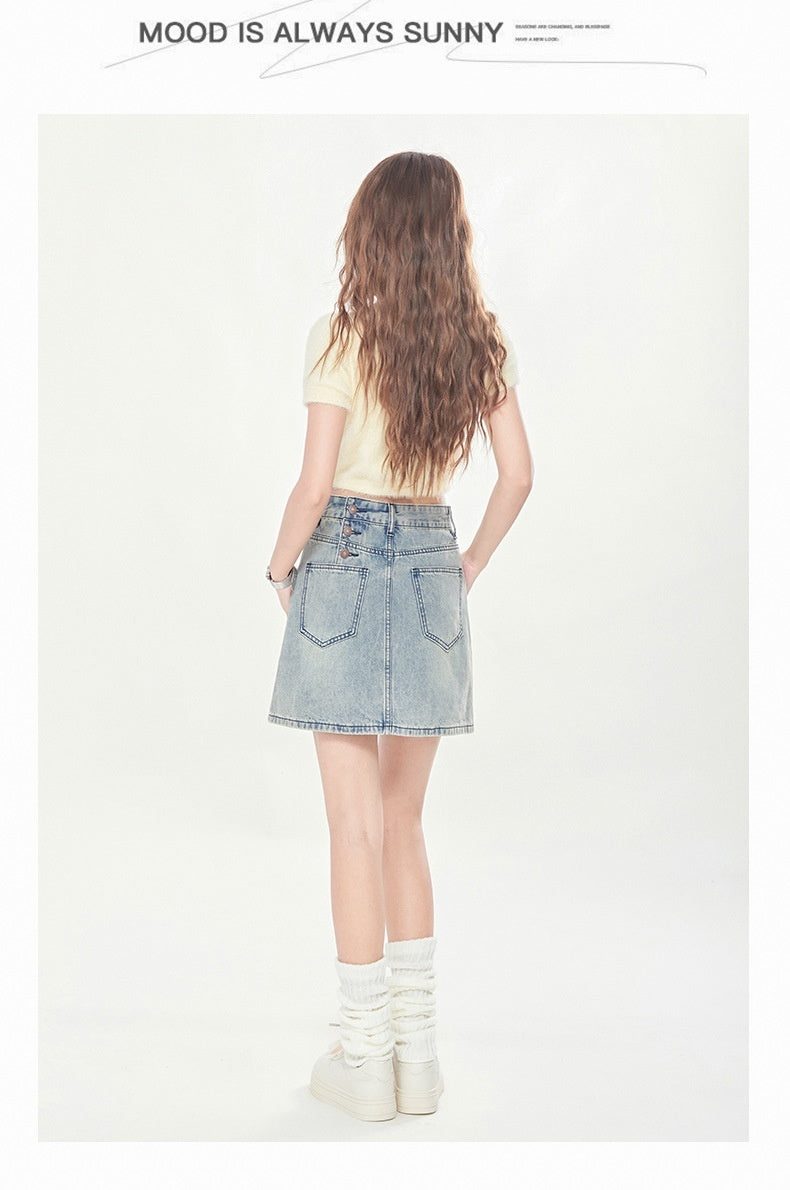 Summer High Waist New Three Breasted Denim Skirt Women