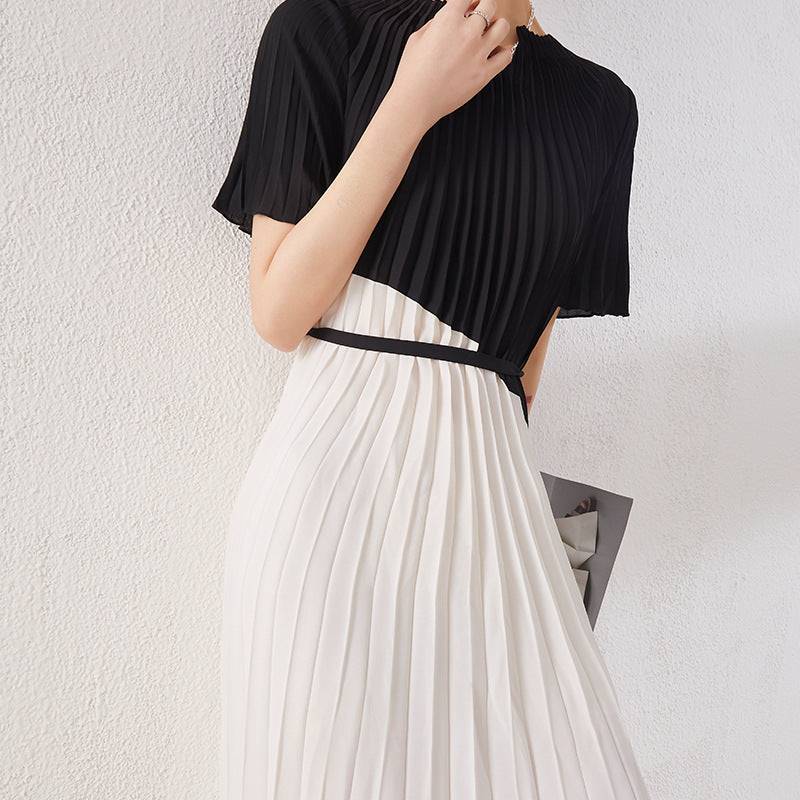 Color-block Design Pleated Skirt Short-sleeved Slim Mid-length Skirt