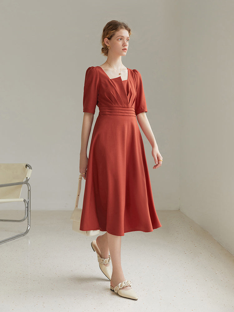 Women's Summer Temperament Pure Color Puff Sleeve Dress