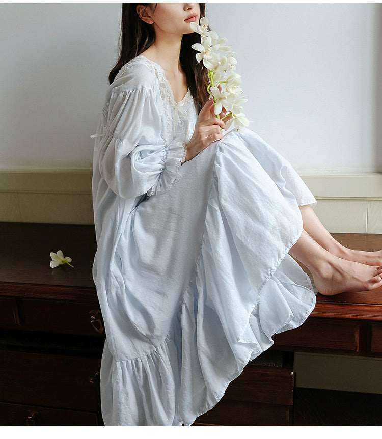 Women's Morning Gowns Spring And Autumn Cotton Long-sleeved Lace Pajamas Dress