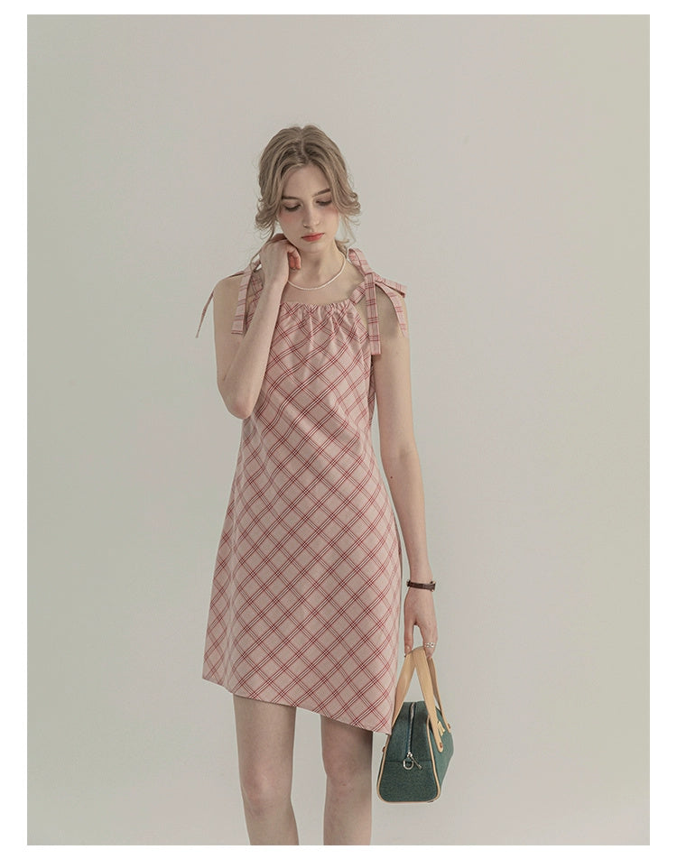 Plaid Sleeveless Strap Design Dress For Women Summer Elegant Figure Flattering