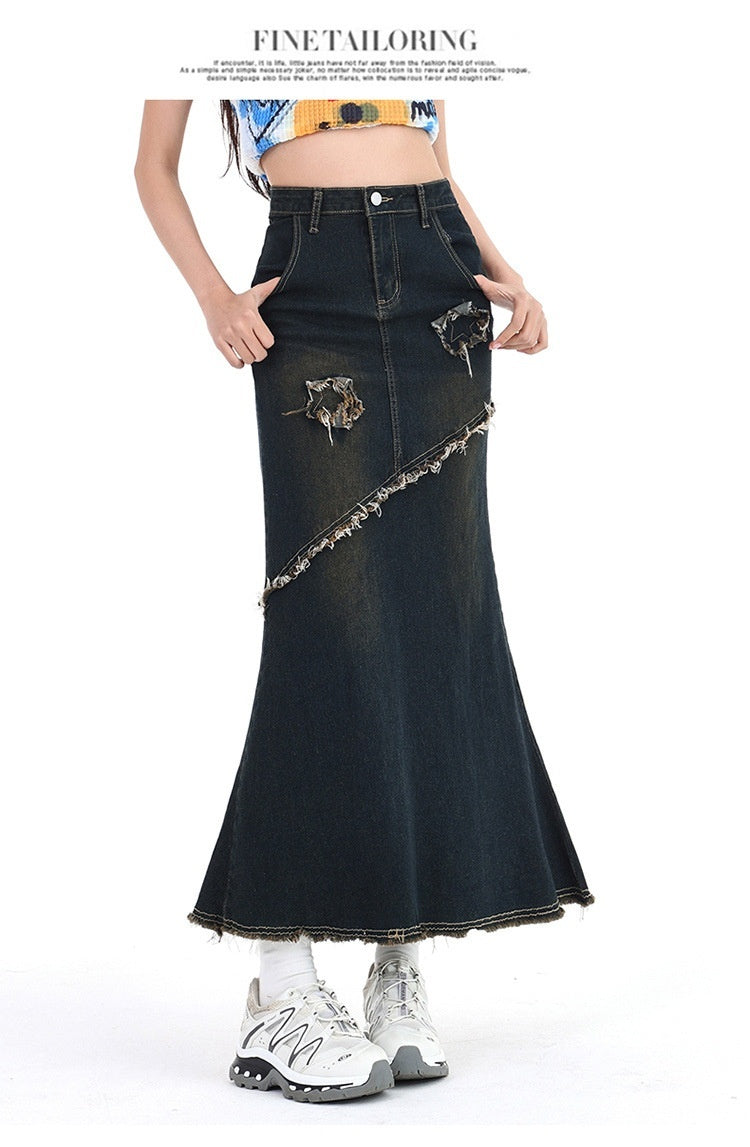 Retro Hot Girl High Waist Stretch A- Line Denim Skirt Women's Mid-length