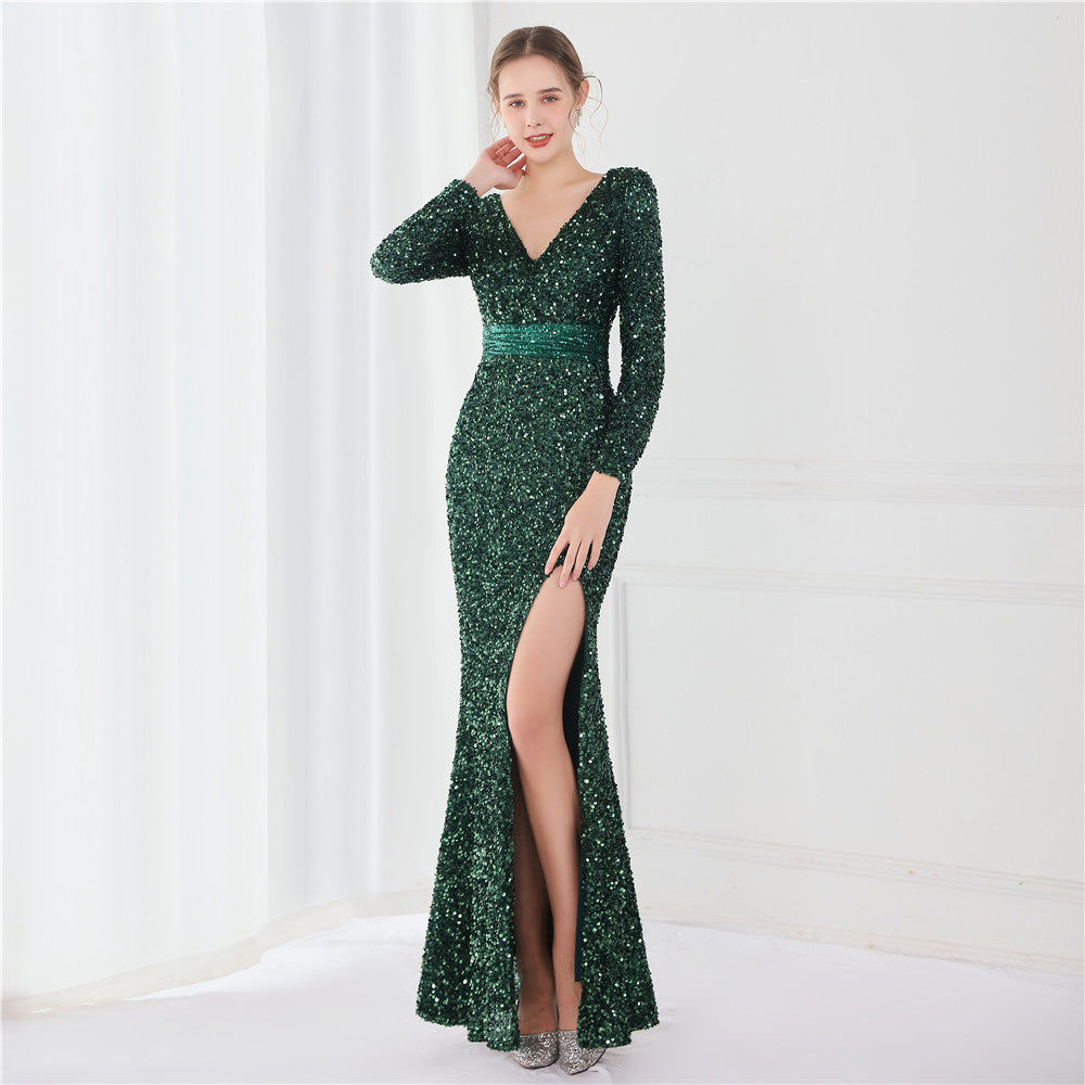 Long sleeved sequined gas field queen fish tail evening gown