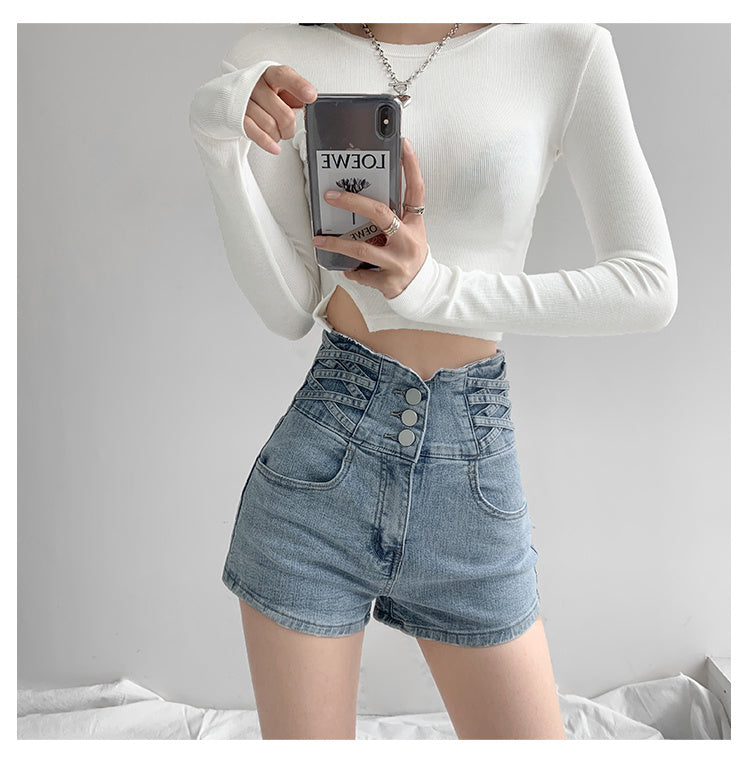 Small waist cross woven super high waist cinched denim shorts for women