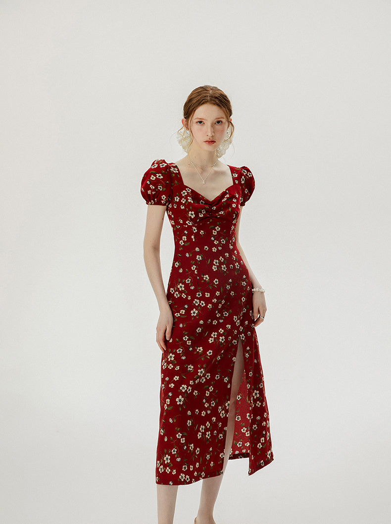 Vintage Floral Red Dress With Bubble Sleeves