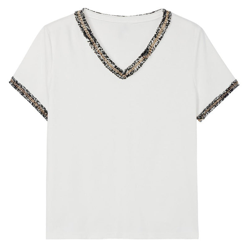 V-Neck T-Shirt Women's Short-Sleeved Summer New Style Frayed Collar Diamond Loose Top