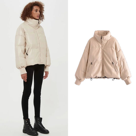 Fashion Urban Casual Solid Color Simple PU Cotton Jacket Women's Small Stand-up Collar