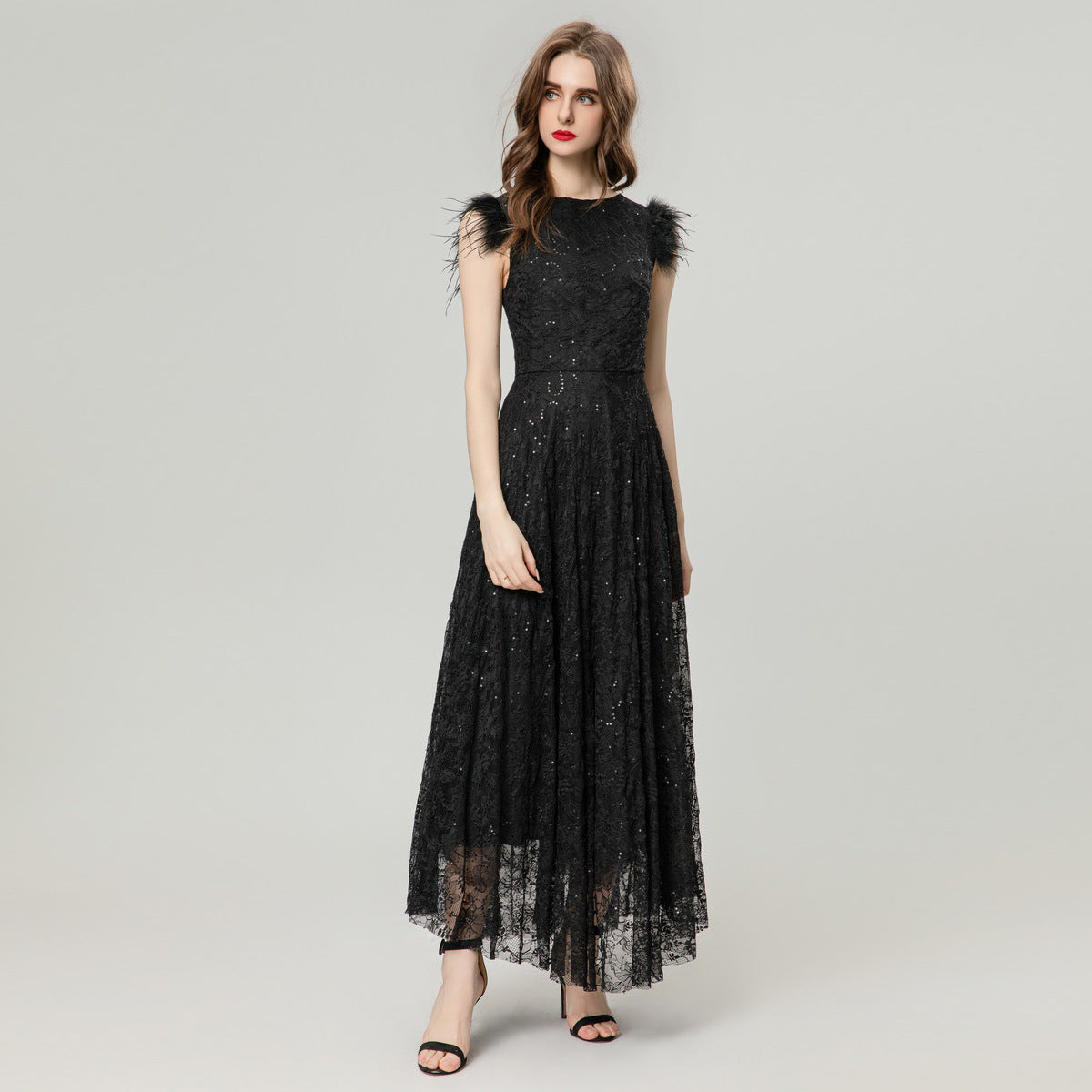 Sparkling lace feather flying sleeve dress for women