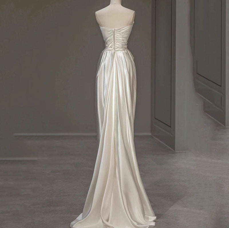 French white satin light colored wedding dress