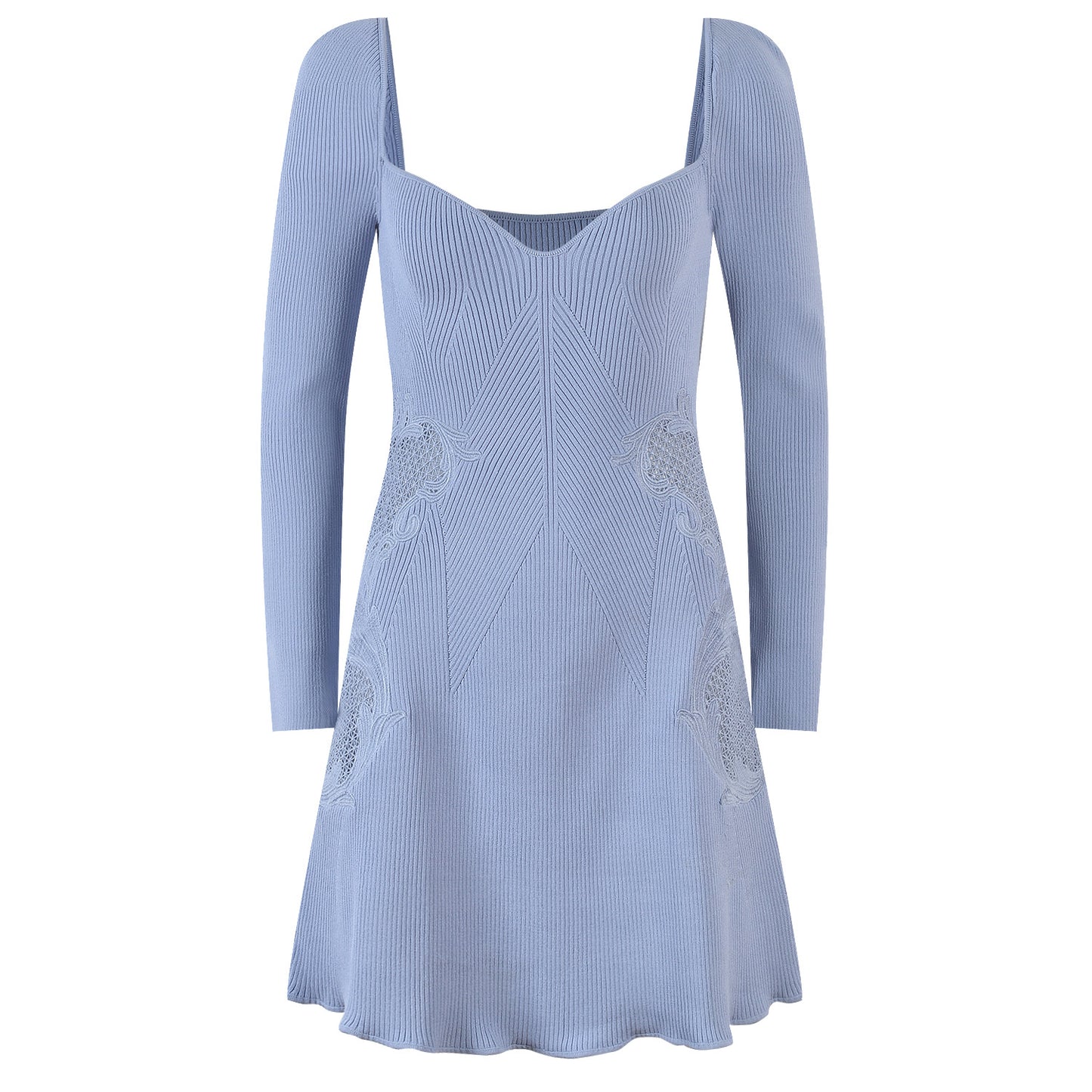 Mist Blue Lace Hollow Out Square-neck Cinched Slimming Embroidered Short French Dress