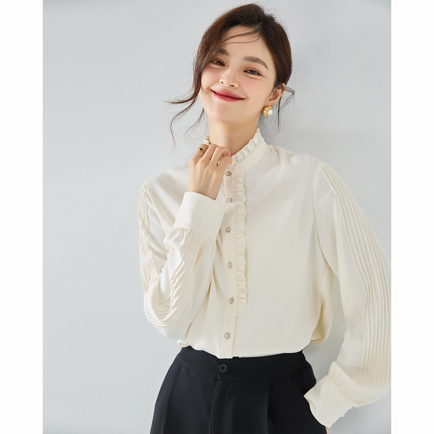 New elegant French chiffon shirt with ruffle collar top