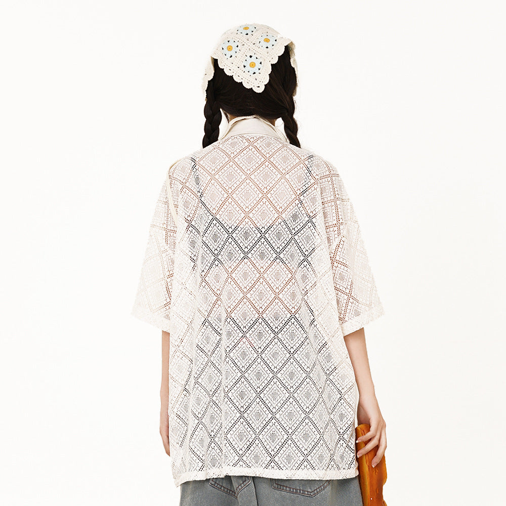 Hollow-out Crocheted Lace Short-sleeved Shirt