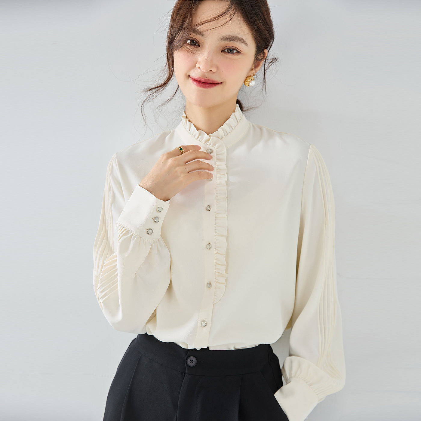 New elegant French chiffon shirt with ruffle collar top