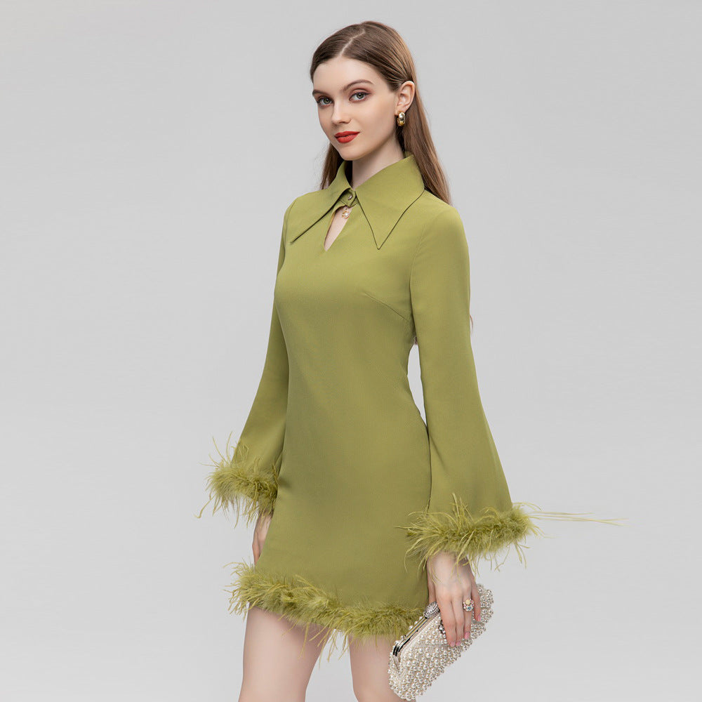 Collar feather long sleeved dress